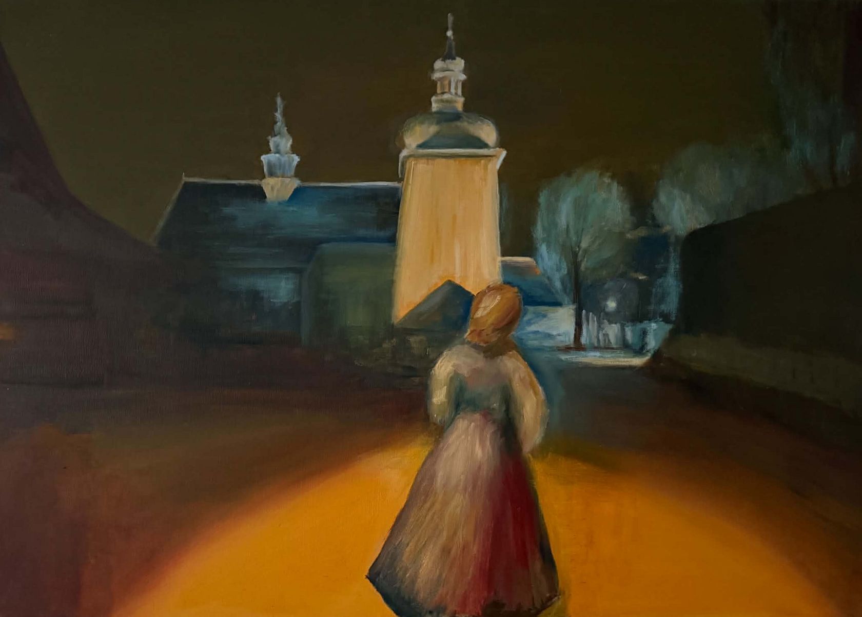 Night scene: a woman in a long red skirt walks across a square towards a wooden church tower lit from within, warm lamplight pooling on the ground around her.